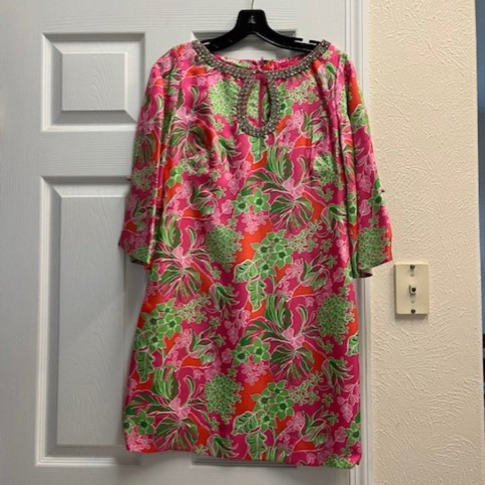 RARE Lilly Pulitzer Jubilee 100% Silk Embellished Shift Dress Size 6